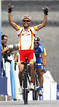 Samuel Sanchez of Spain celebrates winning mens road race cycling competition at Beijing 2008 Olympic Games