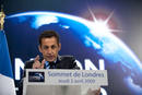 Frances President Sarkozy delivers a speech at the end of the G20 summit in east London