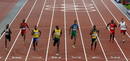 Llegada de la segunda semifinal de los 200m masculinos. De derecha a izquierda: Kamil Krynski (Polonia), Alex Wilson(Suiza), Anaso Jododwana(Sud&aacute;frica), Aldemir Da Silva (Brasil), Usain Bolt (Jamaica), Alex Qui&ntilde;ones (Ecuador), Isiah Young (USA), y Aa