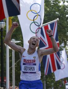 Russia's Sergey Kirdyapkin celebrates winning men's 50km race walk at London 2012 Olympic Games