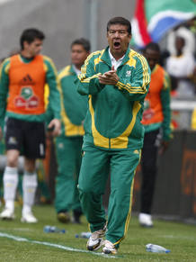 South Africa's head coach Santana reacts during their international friendly soccer match against Poland in Soweto
