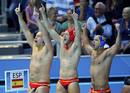 Spains Daniel Lopez Pinedo and Felipe Perrone Rocha cheer for their team during their mens preliminary round Group A water polo match against Kazakhstan at the Water Polo Arena during the London 2012 Olympic Games