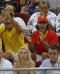 Spanish tennis player Nadal reacts while watching mens basketball game between Spain and Greece at Beijing 2008 Olympic Games