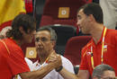 Spanish tennis player Rafael Nadal greets Spains Prince Felipe during the mens Group B basketball game between Spain and Greece at the Beijing 2008 Olympic Games