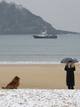 Vista de la playa de la Concha de San Sebasti&aacute;n que ha quedado cubierta de nieve debido al temporal de fr&iacute;o y nieve que azota a numerosas zonas de la Pen&iacute;nsula.