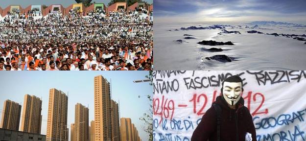 De izquierda a derecha, y de arriba abajo: manifestación en India; la Antártida; edificios recien construidos en China; manifestación en Milán.