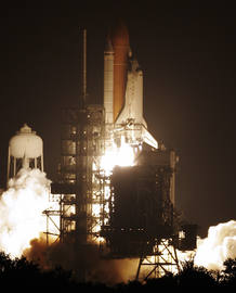 The space shuttle Discovery lifts off on Mission STS-128 to the International Space Station at the Kennedy Space Center in Cape Canaveral