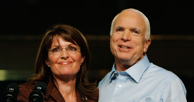 U.S. Republican presidential nominee Senator John McCain and Republican vice-presidential nominee Alaska Governor Sarah Palin stand together onstage at a campaign rally in Albuquerque