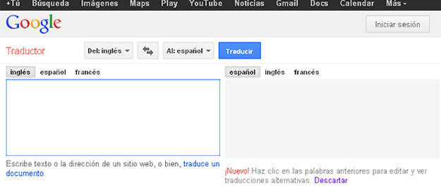 P&aacute;gina principal de Google Translate, el servicio de traducci&oacute;n de la compa&ntilde;&iacute;a