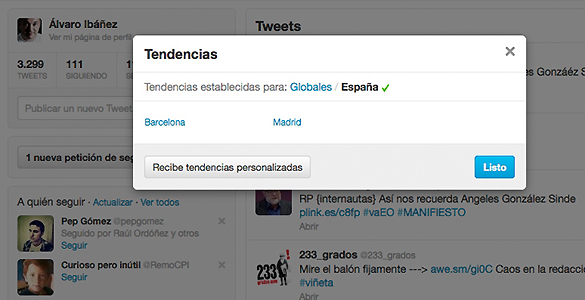 Para seleccionar el tipo de Tendencias preferidas basta hacer clic sobre el enlace "Cambiar" que aparece en el panel de tendencias (normalmente, abajo a la izquierda de la pantalla).
