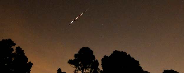 A Perseid meteor streaks towards the horizon during the annual Persied meteor shower in Palm Beach Gardens