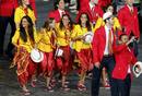 Members of Spains contingent take part in the athletes parade during the opening ceremony of the London 2012 Olympic Games at the Olympic Stadium