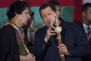 Venezuelas President Hugo Chavez presents Libyas leader Muammar Gaddafi with a replica of the sword of national hero Simon Bolivar, in Margarita Island