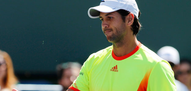 Verdasco of Spain reacts to losing a point against Del Potro of Argentina during their match at the Indian Wells ATP tennis tournament