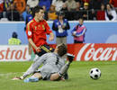 Swedens goalkeeper Isaksson makes a save from Spains Villa during their Euro 2008 soccer match in Innsbruck