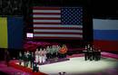 Vista general de la ceremonia de entrega de medallas en la categor&iacute;a de gimnasia art&iacute;stica.