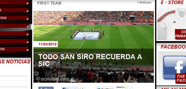 Imagen de la noticia del homenaje en la web del Milan