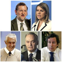 Mariano Rajoy, y la secretaria general, Mar&iacute;a Dolores Cospedal, junto a los nuevos vicesecretarios del partido, Javier Arenas, de Pol&iacute;tica Auton&oacute;mica y Local; Esteban Gonz&aacute;lez Pons, de Estudios y Programas, y Carlos Floriano, vicesecretario de OrgaLA